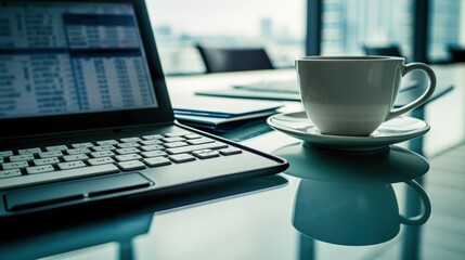 Fototapeta premium Coffee Break with Laptop in Modern Office Setting