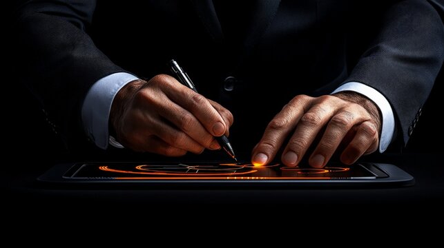 The Midas Touch: A businessman signs a lucrative deal, his hands illuminated by a warm, golden glow, signifying success and prosperity.  