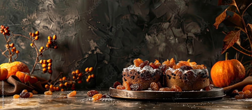 Poster home bakery persimmon and dried fruit dessert. copy space image. place for adding text and design