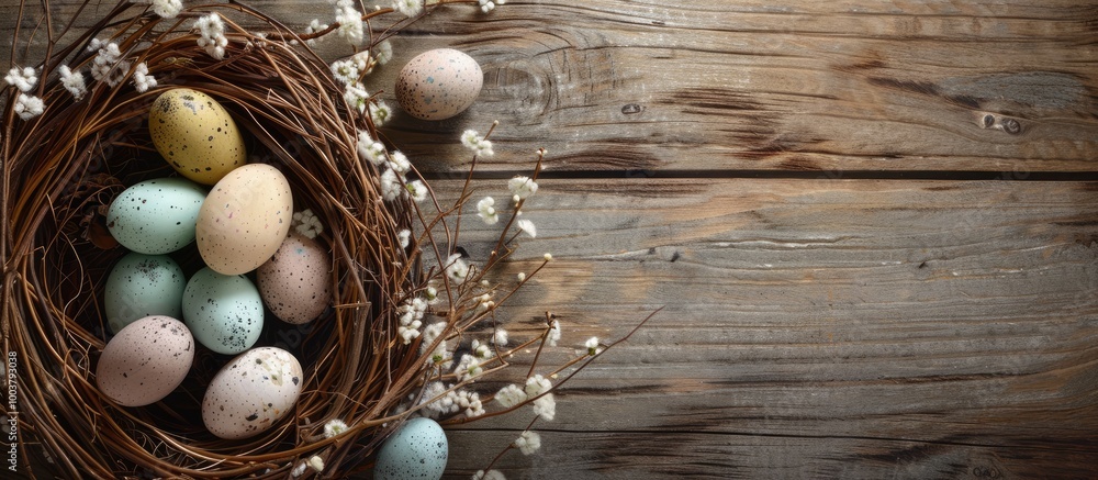 Poster flat lay arrangement of a wicker nest featuring painted easter eggs and pussy willow on a wooden tab