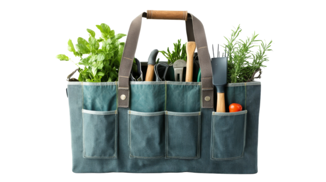 Gardening Tools in Tote Bag with Herbs.