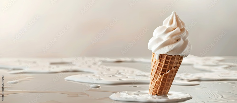 Poster close up view of a melted ice cream in a wafer cone against a light background providing ample copy 