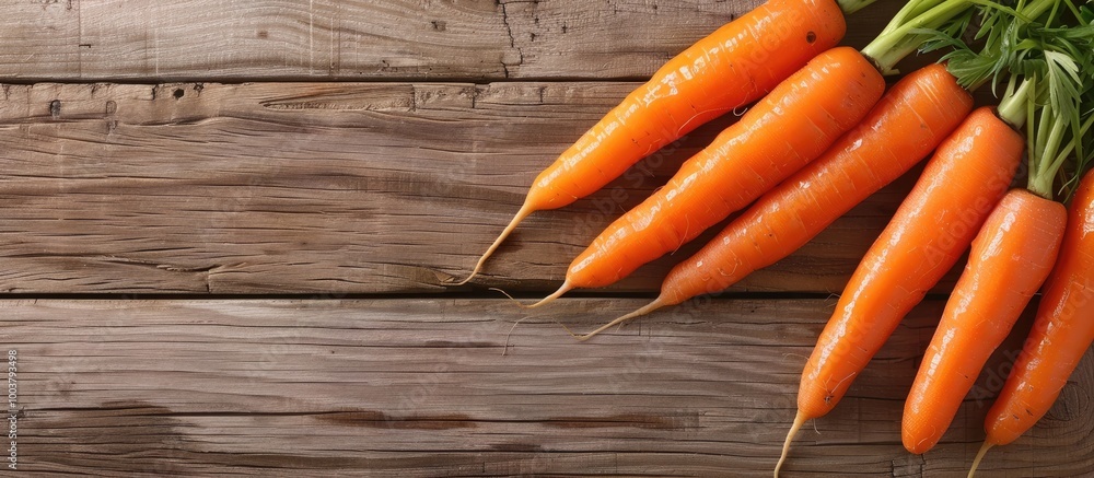 Poster top view of baby carrots with sauce on a wooden table with room for adding text in the copy space im
