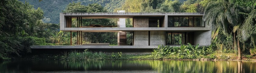 Modern Minimalist House with Panoramic Forest and Lake View in Tropical Setting