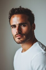 Obraz premium Stylish man in a casual white shirt posing for a portrait indoors in soft natural light