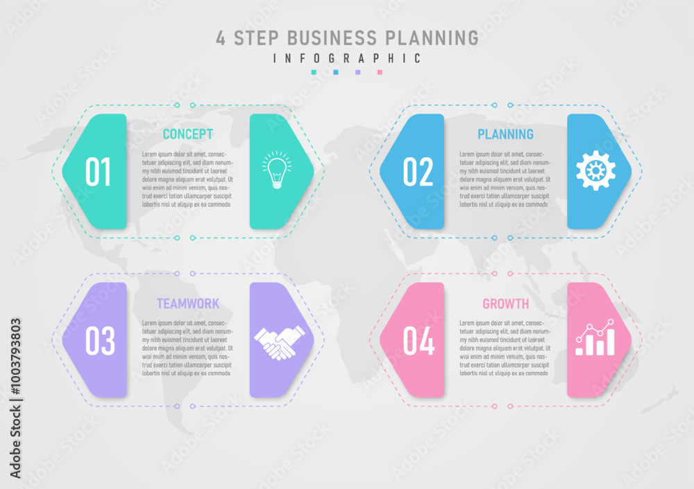 Poster infographic 4 steps to business planning multi-colored rounded corner triangle template the left sid