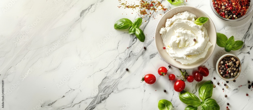 Poster copy space image with fresh ricotta basil and spices on a bright marble surface in a top view arrang