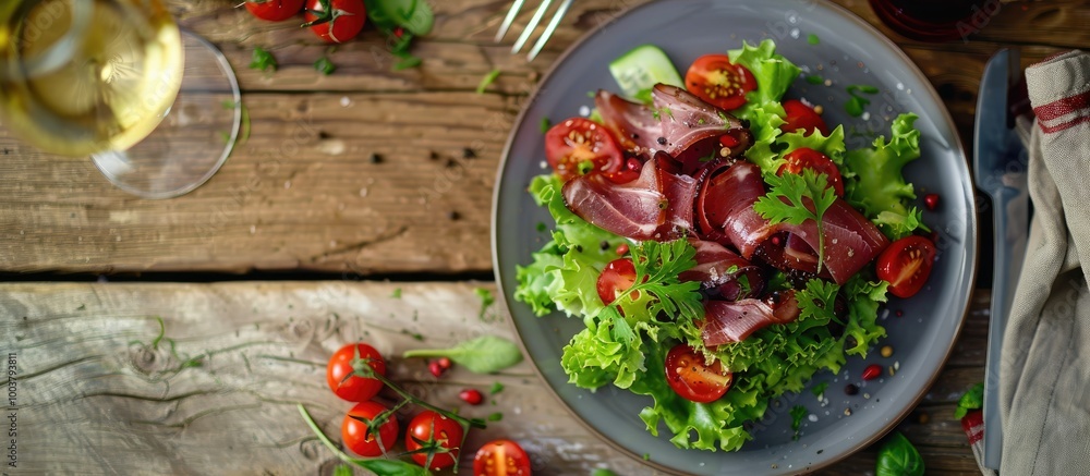 Poster rustic top view table setting with a delicious appetizer meal of green leaf lettuce tomato and jamon