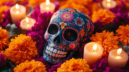Colorful sugar skull adorned with intricate designs and floral patterns, surrounded by marigold flowers and candles on a rich purple background. Perfect for celebrating Día de los Muertos and...