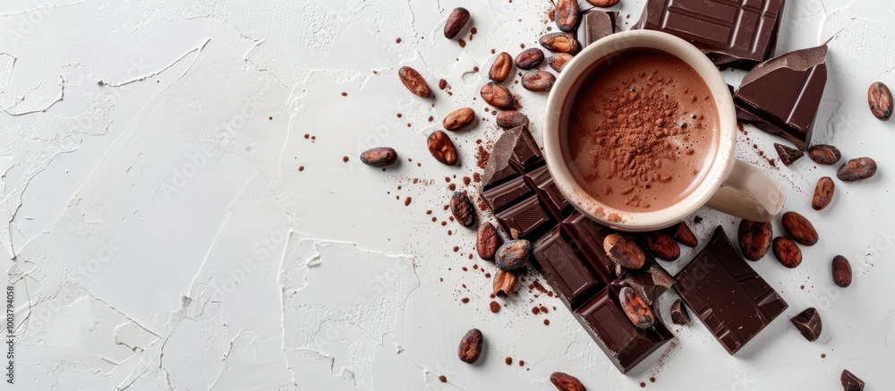 Poster top down view of a homemade hot chocolate drink adorned with chocolate cocoa and cocoa beans on a wh