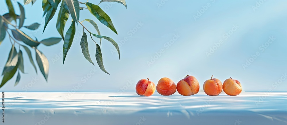 Poster a serene setting of nectarines on a white table with faint tree outlines and a blue sky in the backd