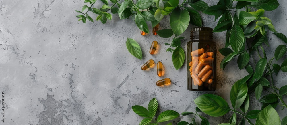Poster top view of pills in a bottle with green leaves on a concrete backdrop with copy space image