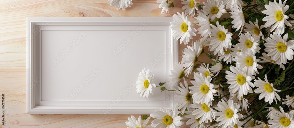 Poster a table displays a white picture frame mockup surrounded by a bouquet of white daisies providing amp