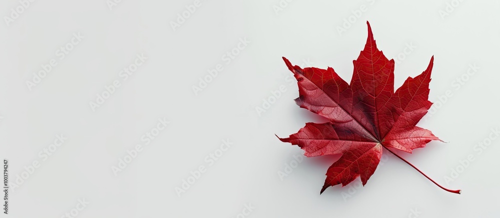 Poster a vibrant red maple leaf set against a clean white background with copy space image