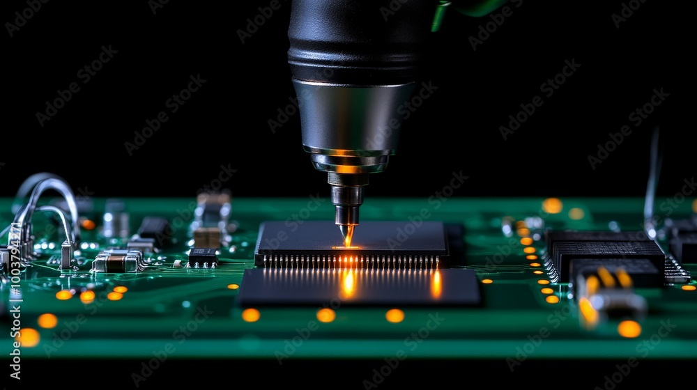 Poster precision assembly: micro-soldering a computer chip with a high-tech tool in a close-up, macro shot.