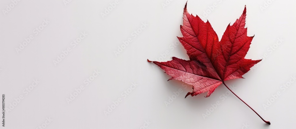 Poster a vibrant red maple leaf set against a clean white background with copy space image