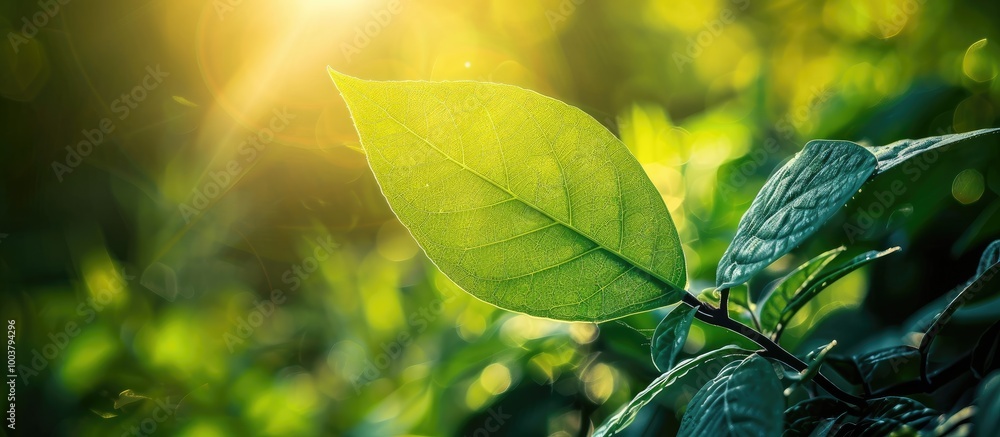 Poster captivating green leaf in garden with sunlight surrounded by lush greenery ideal as a background ima