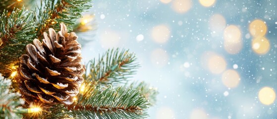  A tight shot of a pinecone against a Christmas tree, surrounded by strings of twinkling lights in the background