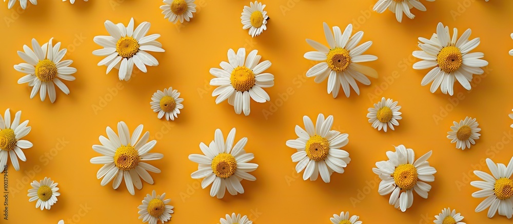Poster colorful background with various chamomile flowers ideal as a flat lay for a template or mockup with