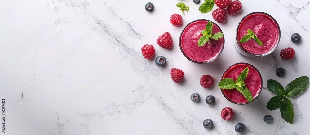Poster a delicious acai juice in glasses with mint and berries on a white marble table viewed from above wi