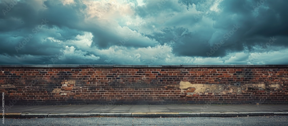 Poster brick wall under cloudy sky with sidewalk and street in view creating a background for a copy space 