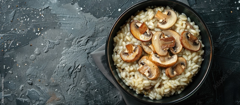 Poster top view of a bowl of mushroom risotto on a dark grunge surface with room for text or other elements