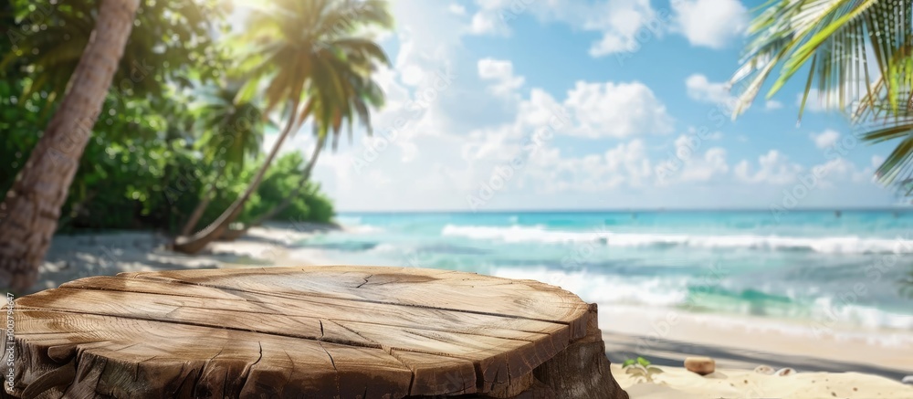 Poster tropical beach background with copy space image on an empty wooden tree stump table for products and