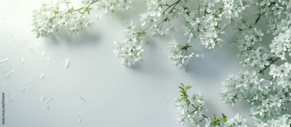 Aufkleber blooming trees with small white flowers against a white wall background serve as a backdrop for text