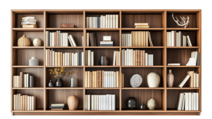 Wooden bookshelf full of books, vases, and decorative items.