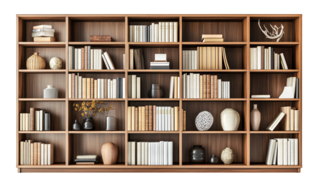 Wooden bookshelf full of books, vases, and decorative items.