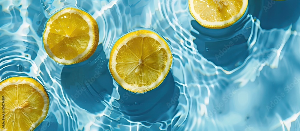 Poster top down view of lemon slices in water against a blue backdrop creating a refreshing summer pattern 