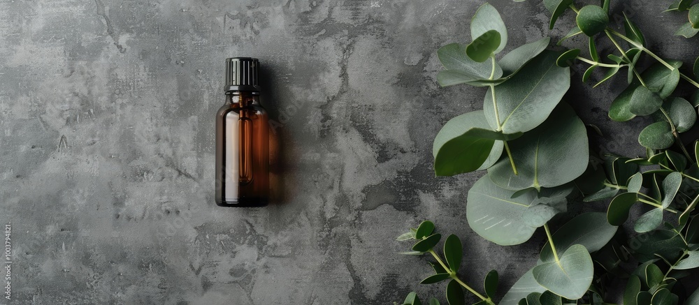 Poster a bottle of essential oil and eucalyptus leaves displayed on a gray table with ample copy space for 