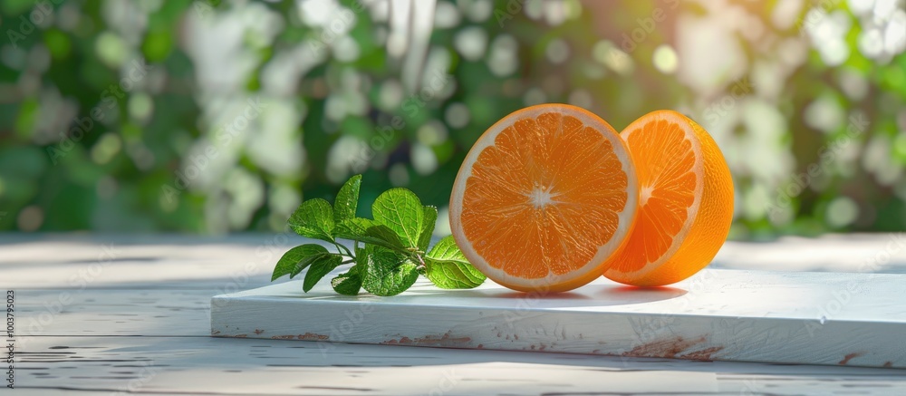 Poster an orange fruit sliced in half garnished with mint on a white wooden board background includes blurr