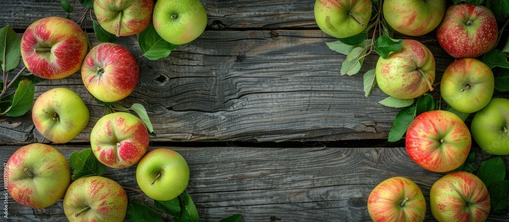 Poster view from above of fresh garden apples arranged in a circle on a wooden background in country style 