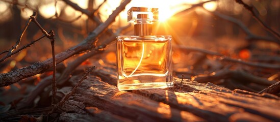 Small perfume bottle on a rustic background of broken wood and tree branches under a sunset light 10 ml capacity with copy space image