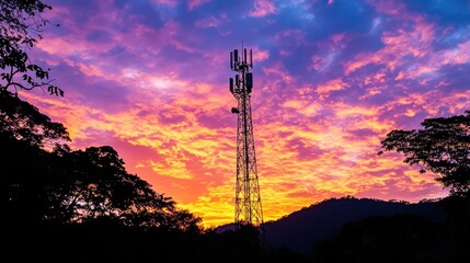 Naklejka premium Sunset Over Cell Tower Amid Colorful Sky