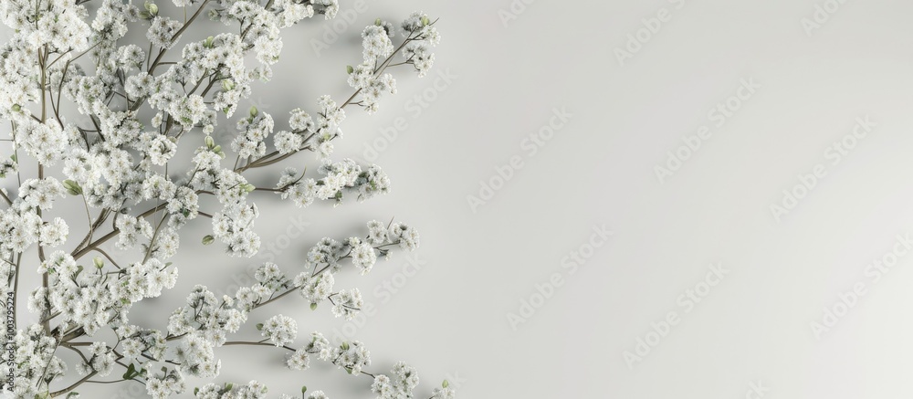 Poster blooming trees with small white flowers against a white wall background serve as a backdrop for text