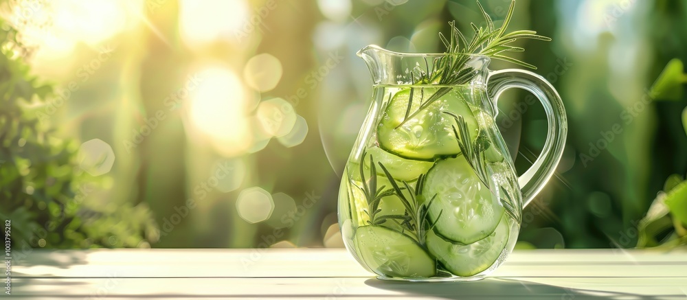 Poster cucumber water with rosemary in a jug on a white table set against a blurred green backdrop offers a