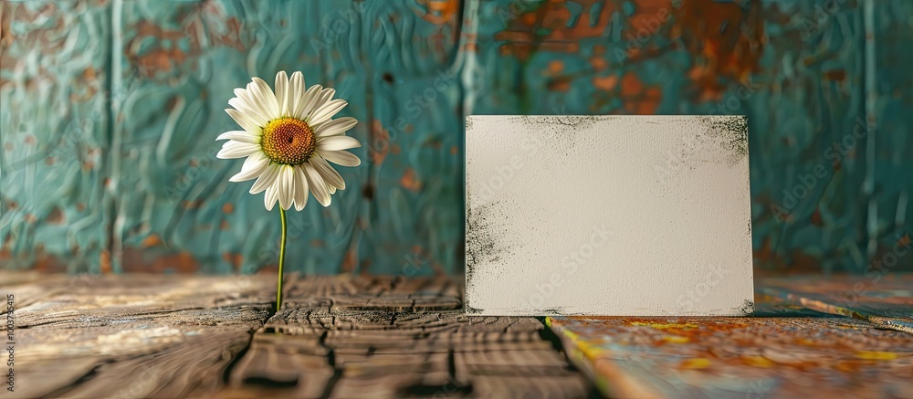 Aufkleber mockup of a blank card with a white daisy and room for text or image in the background. with copyspa