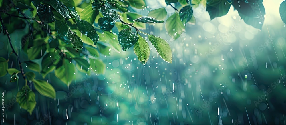 Poster moist leaves glisten in the rain creating a tranquil scene with copy space image