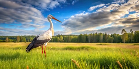 Fototapeta premium picturesque, effect, White Stork, foreground, peaty meadow, Panorama of a picturesque peaty meadow with a majestic White Stork in the foreground creating a forced perspective effect
