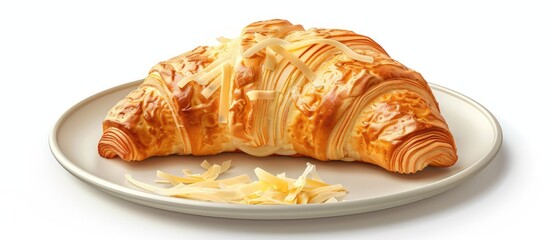 Cheese croissant with grated cheese on a plate isolated on white background with copy space image
