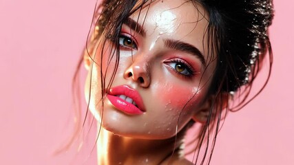 A woman with wet hair and pink makeup looks directly at the camera