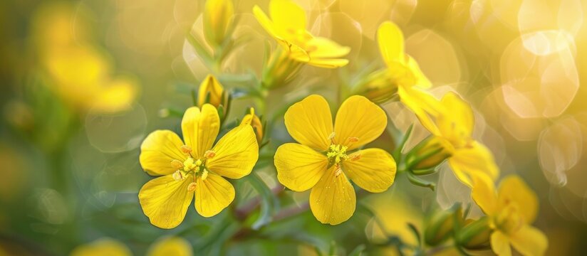Blooming wild rocket Diplotaxis tenuifolia flowers up close with selective focus on a copy space image a species of yellow flowering plant