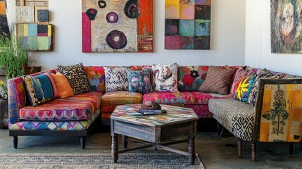An eclectic sitting area with a colorful sectional sofa