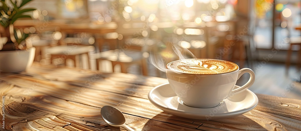 Poster latte art coffee cup with a spoon prepared to serve in a cozy cafe setting on a wooden table the ima