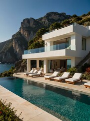 An elegant villa with an infinity pool offers breathtaking views of cliffs and the ocean, perfect for relaxation.