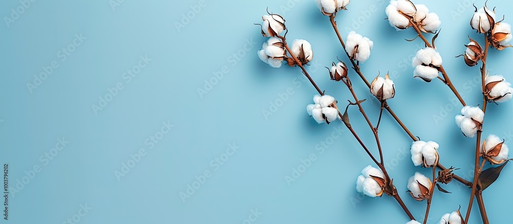 Poster web banner featuring a knitted fabric texture overlaying a cotton branch against a blue background w