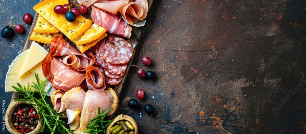 Poster rustic top view of a natural fresh appetizer with chicken ham and cheese on a table with a food back