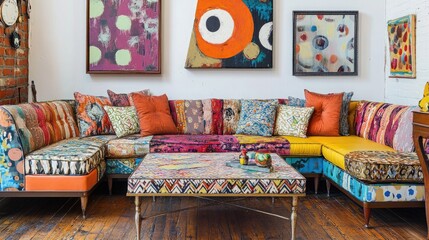 An eclectic sitting area with a colorful sectional sofa